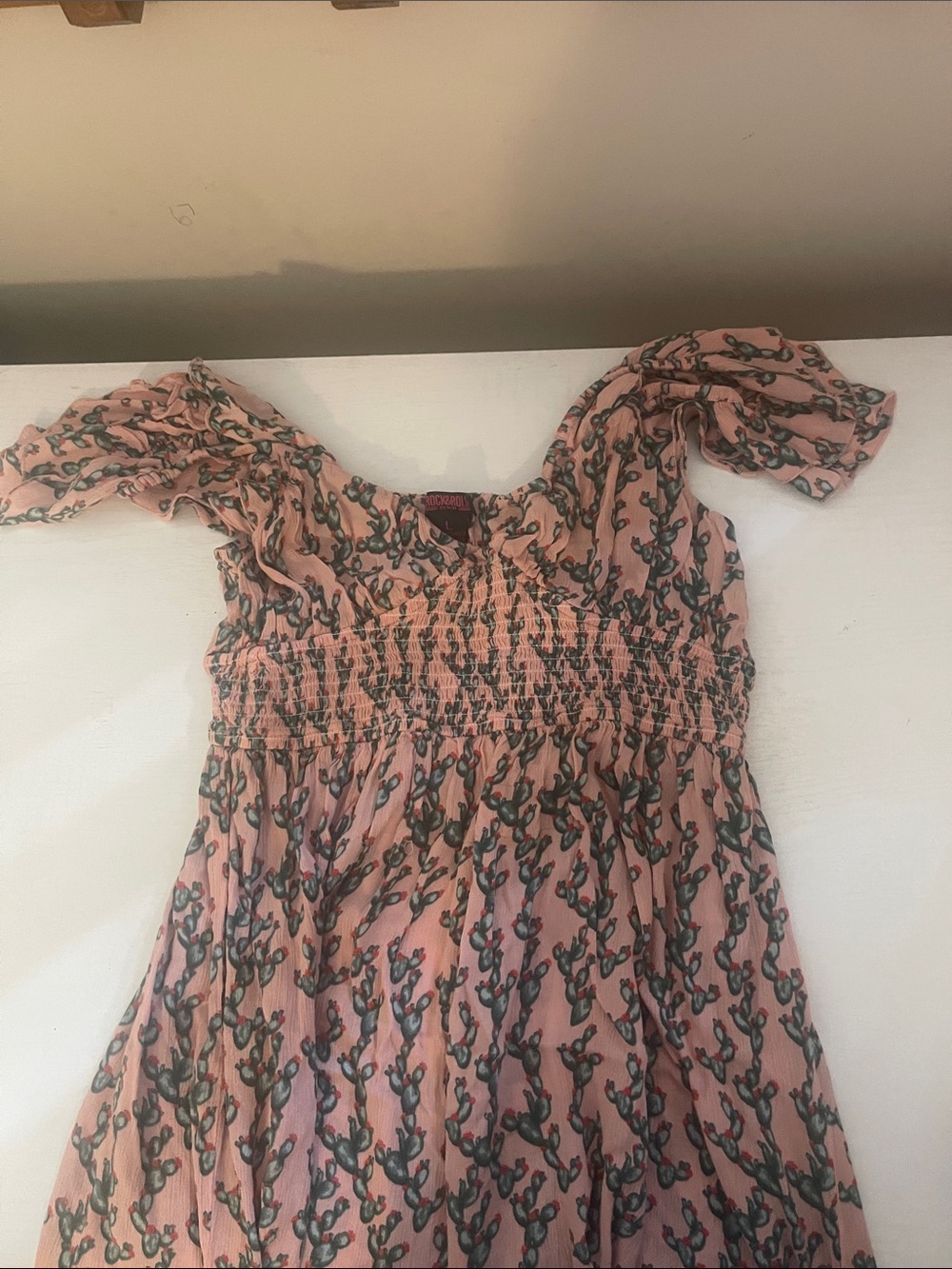 Women’s Pink Cactus-Print Maxi Dress with Smocked Bodice